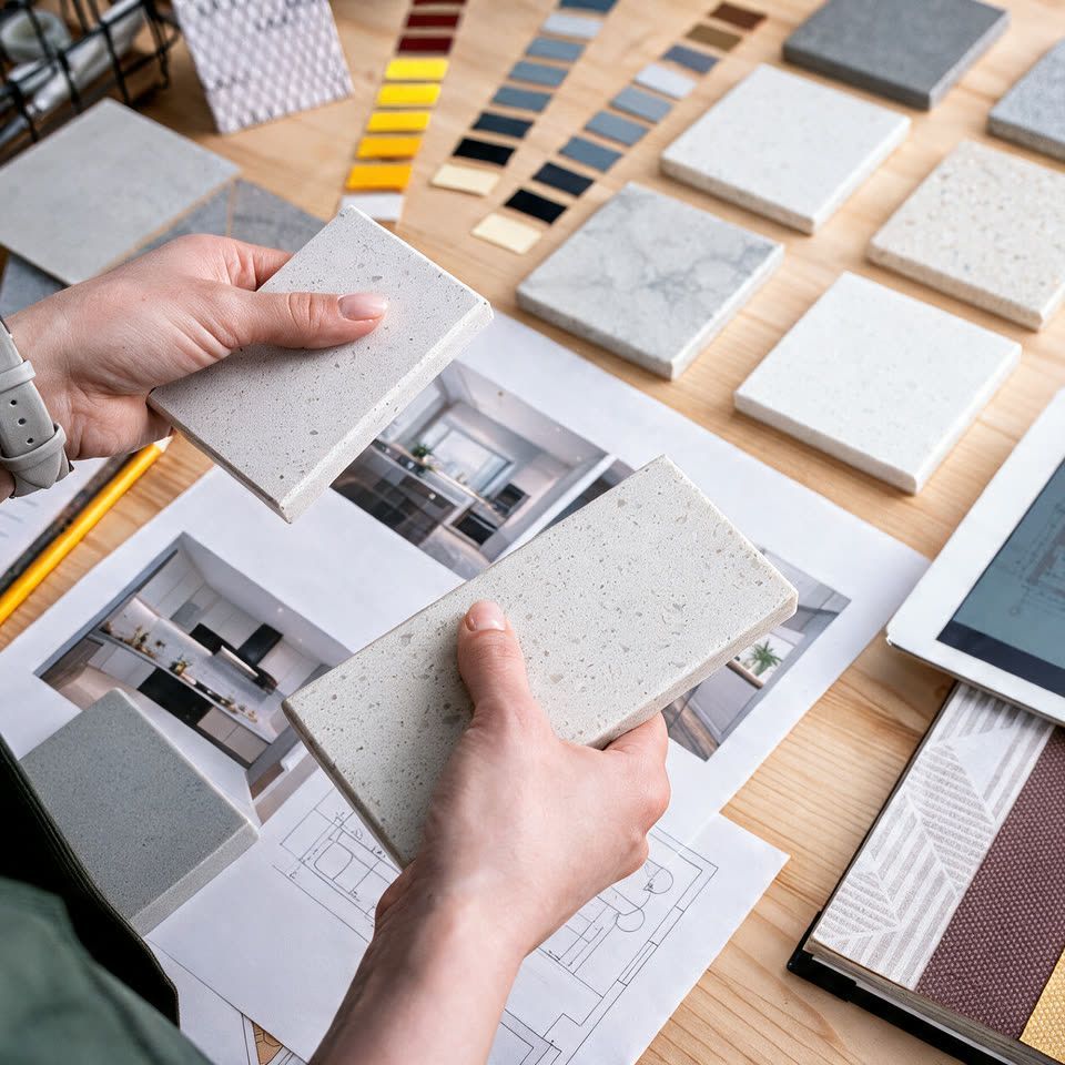 Hands comparing quartz countertop samples over floor plans