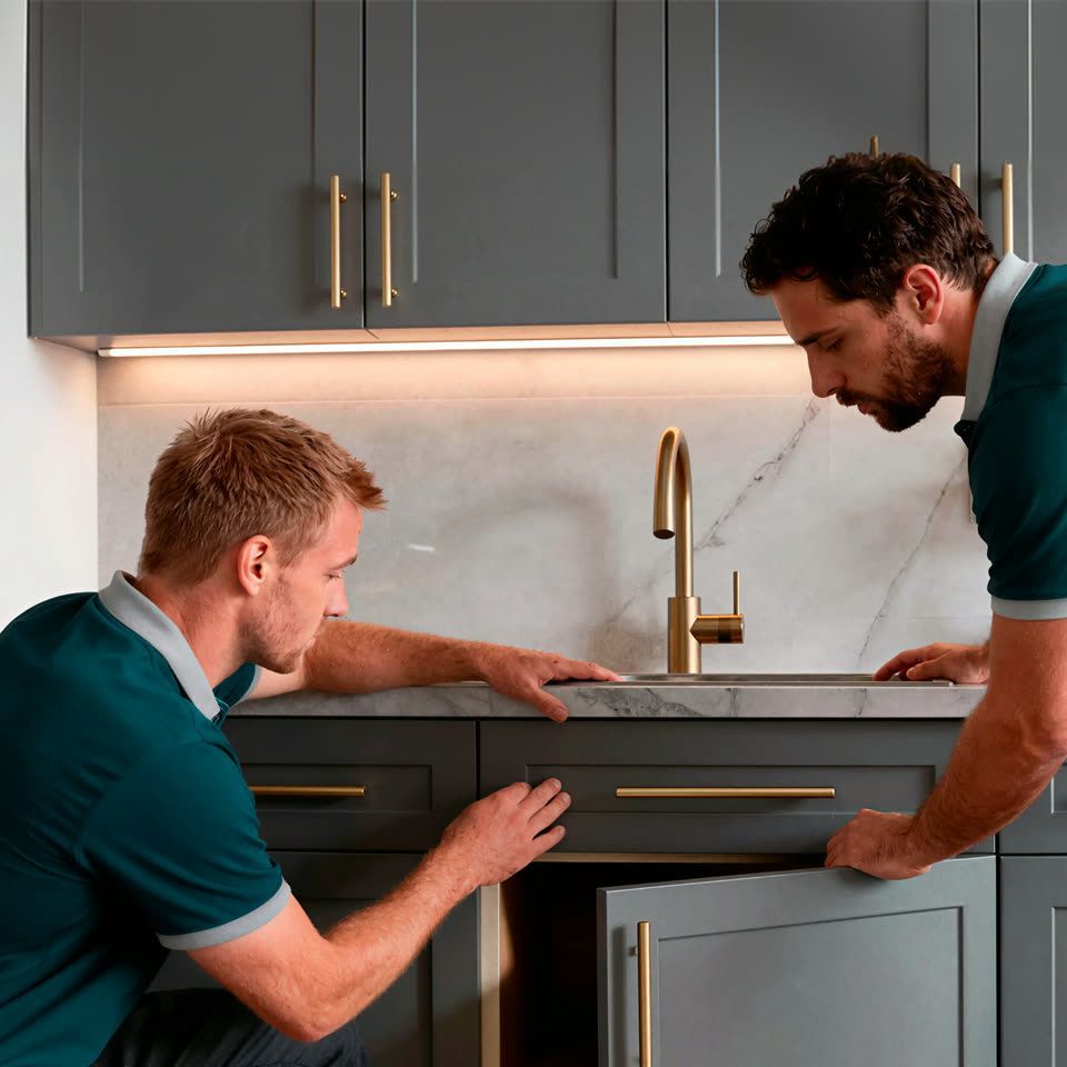 Two Certinox installers adjusting a sink base cabinet