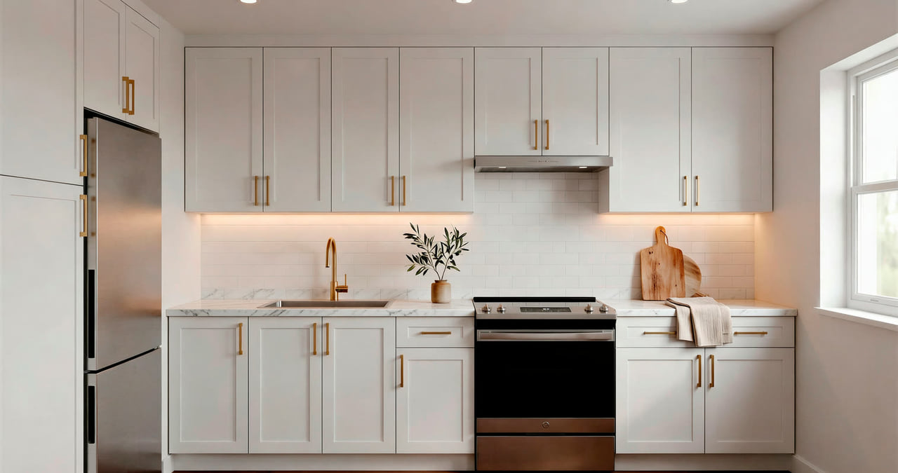 White shaker kitchen with brass hardware and a stainless range