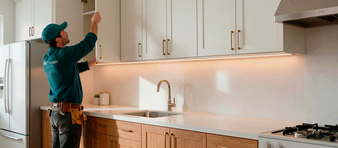 Certinox installer adjusting a cabinet door in a finished kitchen